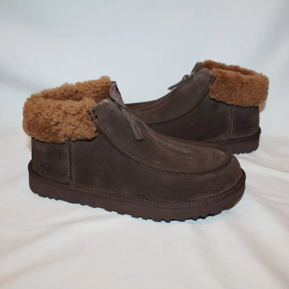 NIB UGG WOMEN'S FUNKARRA ZIP FRONT SHEARLING CUFF SUEDE ANKLE‎ BOOTS